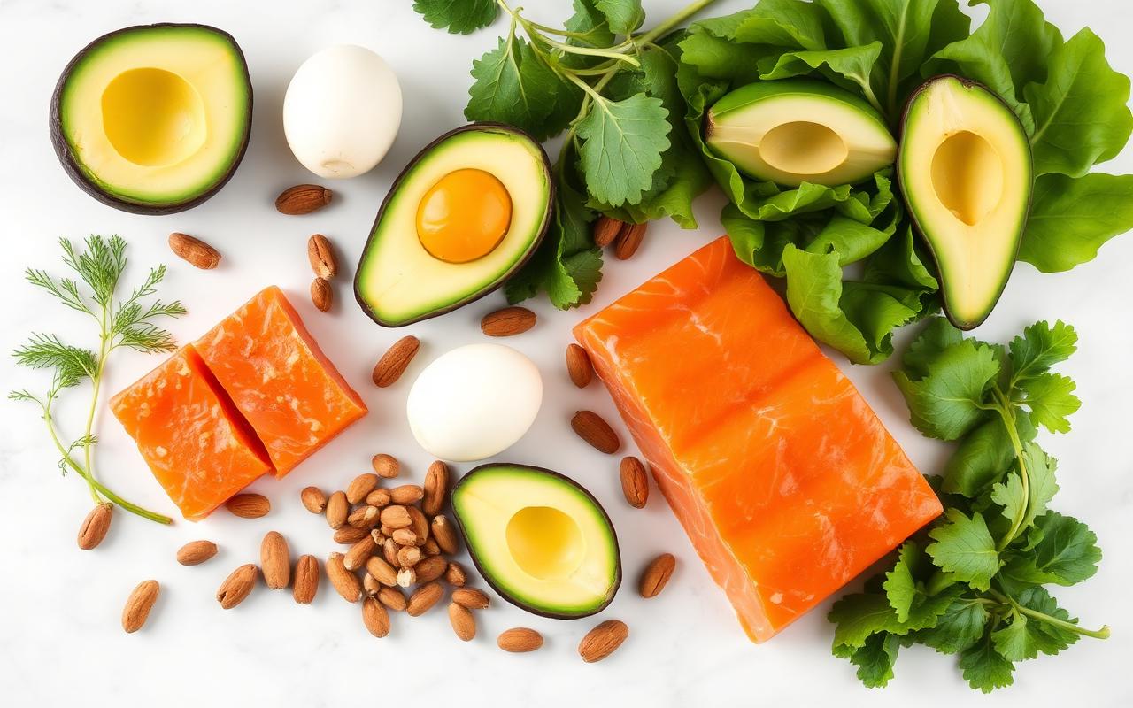 Healthy keto diet ingredients including avocado, salmon, eggs and greens